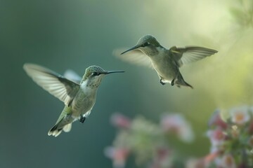 Fototapeta premium Intricate dance of territorial hummingbirds in the garden, a delicate and vibrant display of aerial ballet.