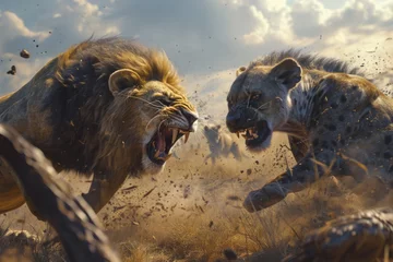 Schilderijen op glas Lions and hyenas clashing on savannah battlefield, a dramatic and intense scene of predator rivalry. © Robert Anto