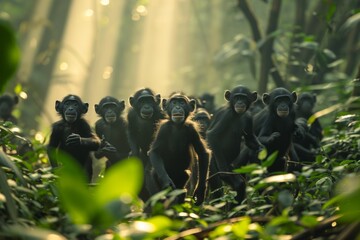 Monkeys competing for leadership in jungle troop, a lively and energetic display of primate hierarchy. - obrazy, fototapety, plakaty