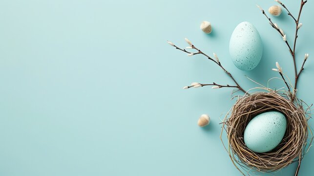 Easter egg with bird nest as frame border and light blue background. Copy space.