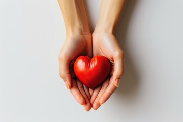 The image features a pair of open hands against a white backdrop, delicately cradling a bright red wood heart
