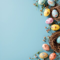 Top down view of an Easter border frame of colorful easter eggs and bird nest with copy space in...