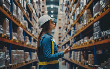 Side view of female warehouse worker using tablet in warehouse. This is a freight transportation and distribution warehouse. Industrial and industrial workers concept