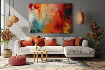 cheerful and happy mood living room idea of home decor design with colorful abstract painting art wall hanging picture, mockup idea