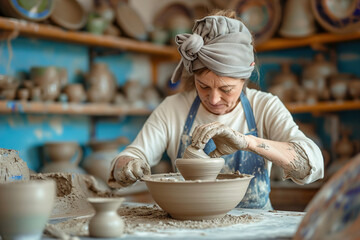 Crafter woman sculpting clay for pottery.