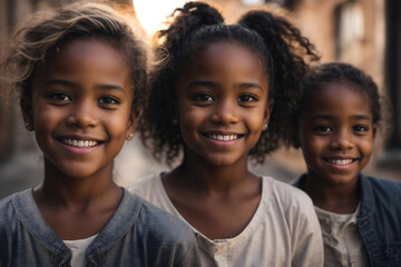 Happy african american little girls, friends or sisters portrait, smiling, cheerful and joyful outdoors on the street.