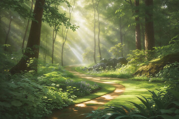 sun light coming in the middle of a forest nature beauty 