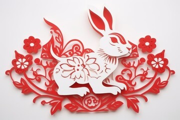 Easter Rabbit paper cut on white background, happy Chinese New Year