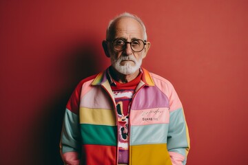 Portrait of a senior man in a colorful jacket and glasses.