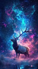 A mystical elk captures starlight and the aurora borealis, embodying the concept of animals resonating with cosmic energy. 