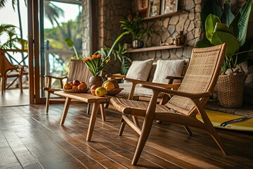 Fototapeta na wymiar Cozy wooden armchairs with cushions and fruit basket on surfing board in interior of living room