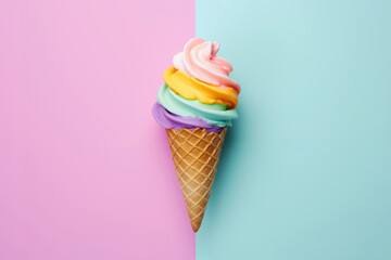 Colorful ice cream in waffle cone flat lay on colored background. Generative AI