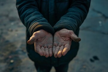 poor man with empty hands asking for help - obrazy, fototapety, plakaty