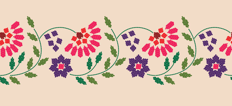 Beautiful Embroidery floral, leaves and branches, Pattern the neckline, decorate hem, skirt, adorning sleeves pink flower embroidery. beautiful border floral embroidery. Ethnic pattern