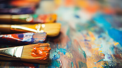 Obraz na płótnie Canvas Artist used paint brushes on a colorful painter palette blackground