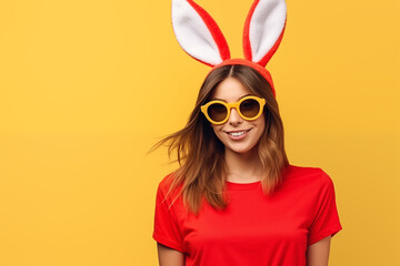 Cute girl in glasses and bunny ears on a yellow background.
