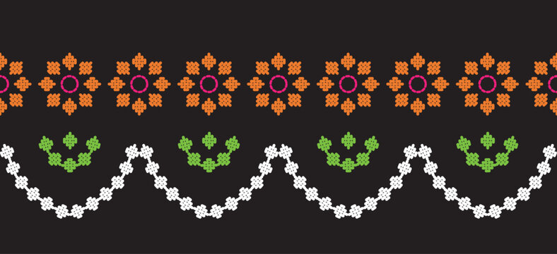 Motif ethnic handmade border beautiful art. Ethnic leaf floral background art. folk embroidery  Mexican, Peruvian, Indian, Asia, Moroccan, Turkey Uzbek style. Embroidery pattern design hem skirt.