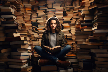 Young woman student with many books.Reading, learning concept. Information detox.