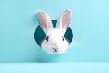 A fluffy rabbit peeks out of a hole on a blue background, copy space.