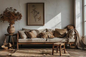 Craeative composition of living room interior with mock up poster frame, beige sofa, wooden commoda, brown plaited plaid, vase with dried flowers, stool and personal accessories. Home decor. Template.