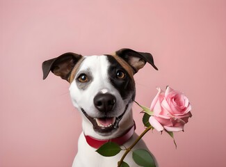 Portrait of a cute dog with a rose on a pink background.