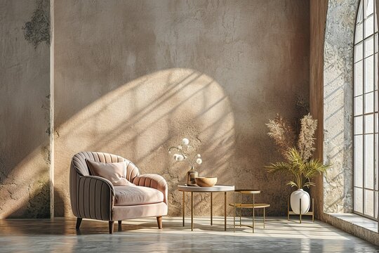 Beige contemporary minimalist interior with armchair, blank wall, coffee table and decor. 3d render illustration mockup