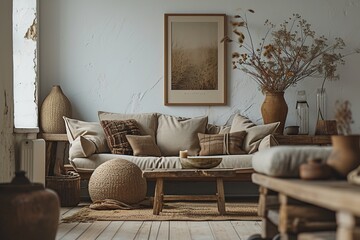 Craeative composition of living room interior with mock up poster frame, beige sofa, wooden commoda, brown plaited plaid, vase with dried flowers, stool and personal accessories. Home decor. Template.