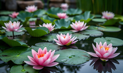 pond with lotus flowers, Generative AI