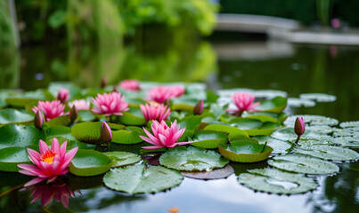 pond with lotus flowers, Generative AI