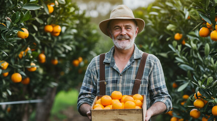 Photo of an elderly farmer wearing a shirt and hat and holding a box of oranges on the orange farm. 