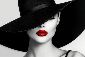 black and white, mysterious woman with black hat and red lips