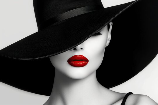 black and white, mysterious woman with black hat and red lips