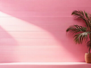 Pink wall with palm tree and shadow from palm leaves 