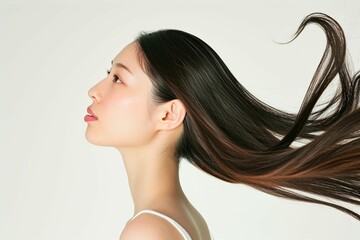Fototapeta premium 黒髪の綺麗な日本人女性の写真（ヘアケア・ロングヘア・縮毛矯正・ストレート・背景なし）