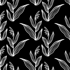 Trendy floral seamless pattern. Hand-drawn contour white lines of fantastic flowers on a black background. Vector sketch illustration of tropical plants