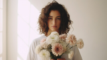 A brunette girl with flowers in her hand