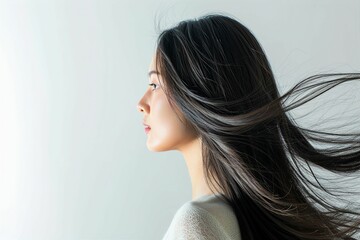 黒髪の綺麗な日本人女性の写真（ヘアケア・ロングヘア・縮毛矯正・ストレート・背景なし） - obrazy, fototapety, plakaty