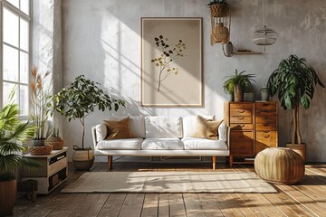 Interior of living room with white sofa, chest and mock up poster.