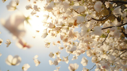 The flower petals of the blossoming trees fall