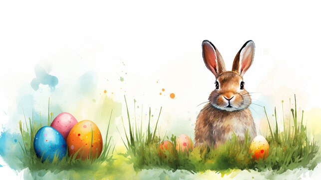 A rabbit with eggs painted on the grass in watercolor clipart style