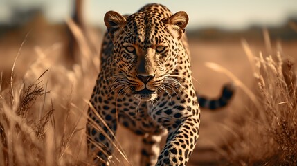 Leopard hunts in the natural environment.