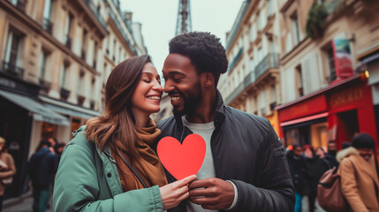 Interracial couple holding a red paper heart in Paris, love and romance. Shallow field of view.
