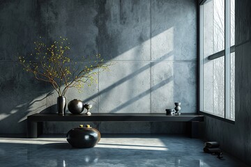 Grey wall panels and a black side table in minimalistic interior design composition.