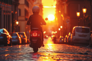 Moped driver driving along an empty city street in the rays of the setting sun