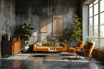 Interior of a dark living room with a couch and chairs, side view, and dresser with artwork. Rug and coffee table on a gray concrete floor. a mockup copy space with a gray wall,. - obrazy, fototapety, plakaty