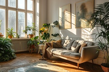 Interior of living room with cozy sofa, paintings and houseplants