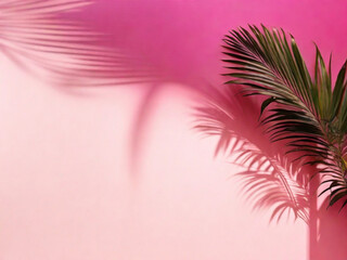 Fototapeta na wymiar Pink wall with palm tree and shadow from palm leaves ai image 