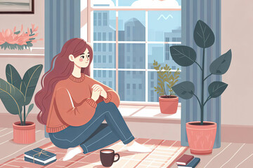 The flat illustration of a girl with dark hair and a light sweater sits on the floor and looks out the window at the cityscape. She dreams and thinks about good things