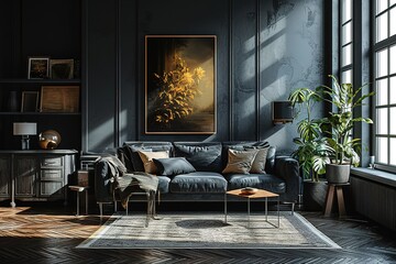 Home interior, luxury modern dark living room interior, poster frame mock up