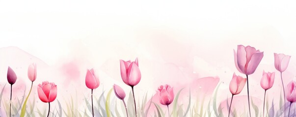 Watercolor wet ink style, soft spring field, tulip flowers, minimal with empty copy space Generative Ai